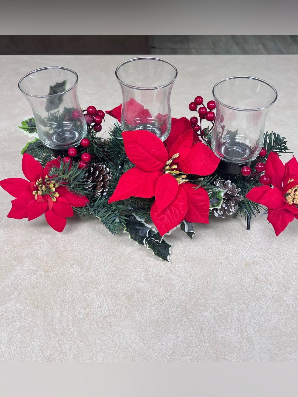 Holiday Red Poinsettia Glass Candle Holder Centerpiece - Unbranded New In Box